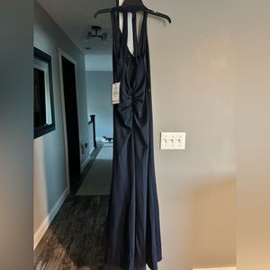 Navy cutout back halter gown
